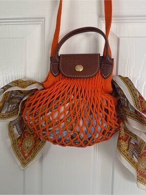 Longchamp Orange Net Crossbody with Brown Leather Flap
